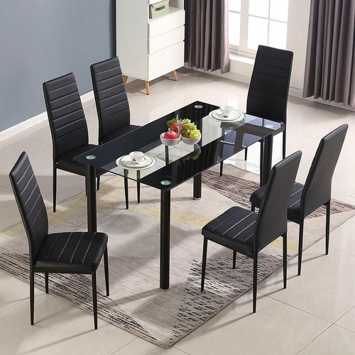 DINING TABLE AND 6 BLACK GREY CHAIRS DINING TABLE SET GLASS BLACK KITCHEN SET - Picture 23 of 53