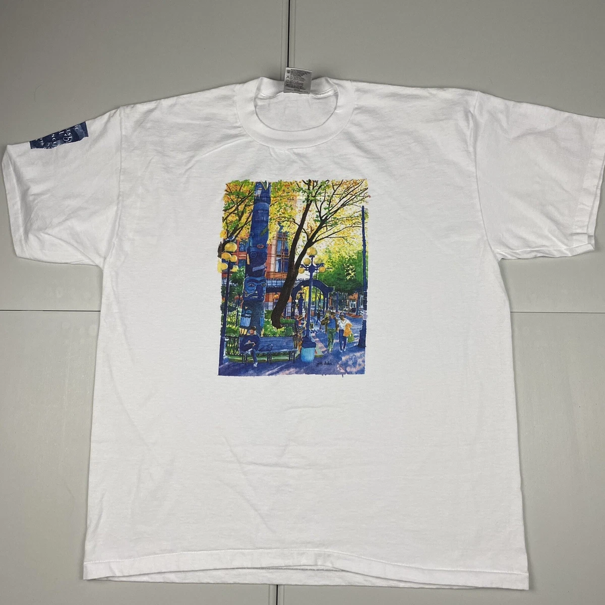 Vintage 90s Art City Streets Portrait T Shirt White XL Single