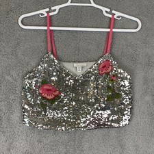 Topshop Sequin Floral Crop Cami Silver Pink Beaded Tank Top US 6 XS EUC