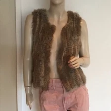 525 America Luxe Brown 100% Natural Rabbit Fur Open Front Vest XS Apres Ski