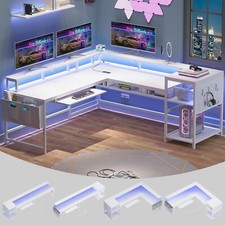 L Shaped Computer Desk, Reversible Home Office Desk with Power Outlets LED Strip