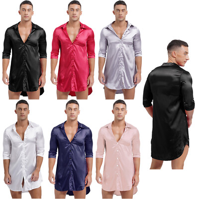 Mens Nightshirt Sexy Sleep Shirt Sissy Sleepwear Glossy Homewear Summer  Pajamas
