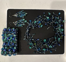Blue Green Glass Beaded Jewelry Set Necklace Bracelet Dangle Earrings