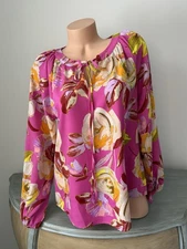 Emily Wonder Top M L Bloomcore Cottage Pink Floral Blouse Tie Easy Care Coastal