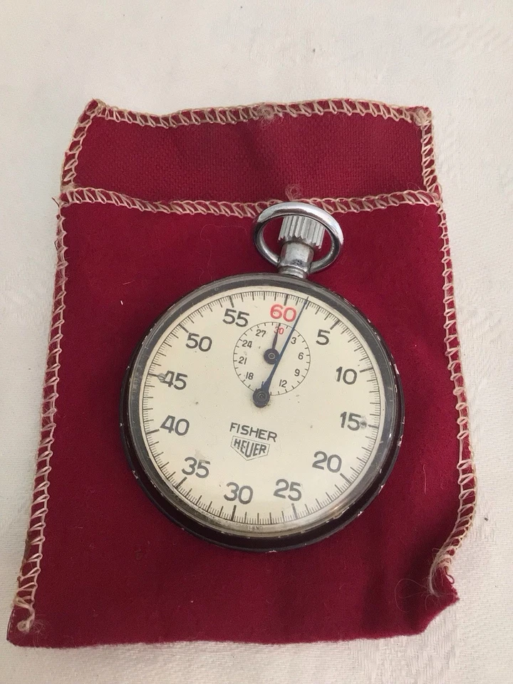Винтажный рабочий секундомер Fisher Heuer с оригинальной мягкой сумкой для переноски - Изображение 2 из 4