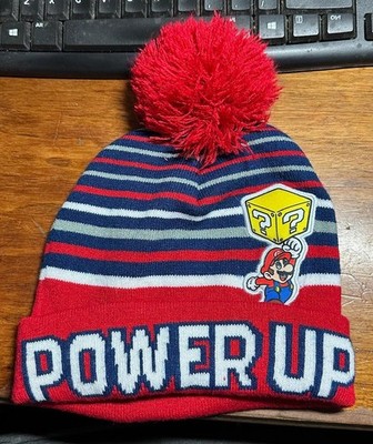 Super Mario Bros Power Up Red Blue Pom-Pom Knit Beanie Hat Winter Cap OSFM #V
