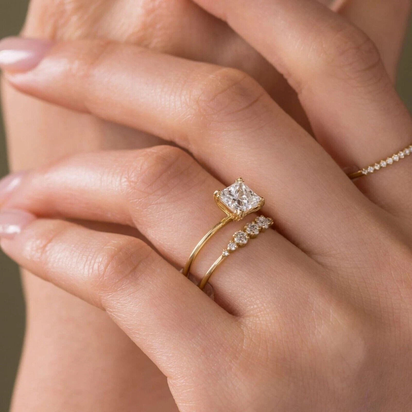 2Ct Princess Cut lab created Diamond Bridal Set Band Ring Yellow Gold Plated