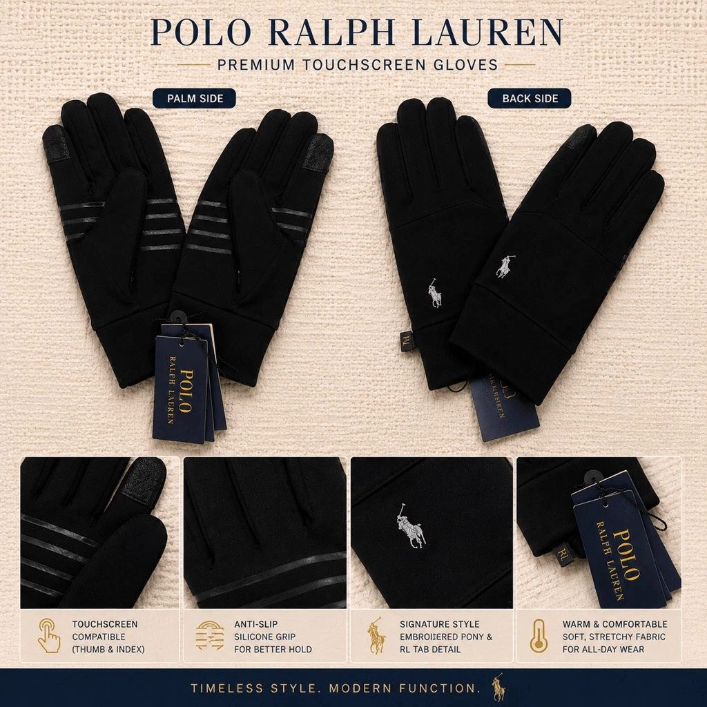 Polo Ralph Lauren Touchscreen Gloves Black Medium Pony Logo NWT Winter