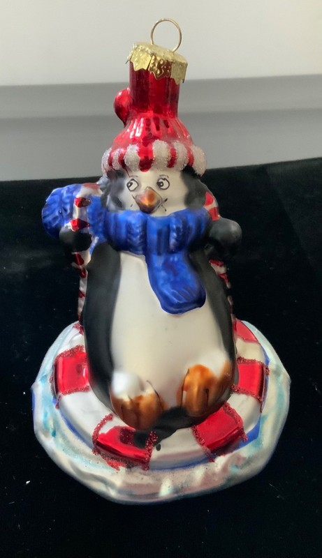 kurt adler glass christmas ornament penguin on a sled new old store inventory 