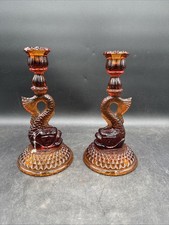 Pair Cambridge Glass Dolphin Candlesticks 9.5 Amber Glass #109 Vintage