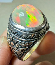 6.90 carats Natural Ethiopian White Opal Handmade Size 11.5 Silver Ring for Male