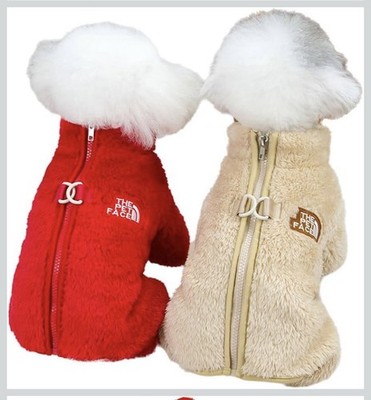 The Pet Face Warm Fleece Zip-Up Dog Jumpsuit Red Beige with 'The Face' Logo
