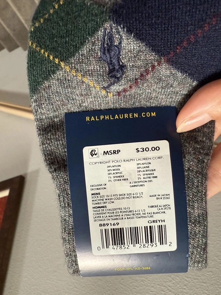 Calcetines POLO Ralph Lauren para hombre talla 10-13, se adapta a zapatos talla 6-12,5 gris lana nuevos Foto 3 de 4