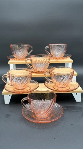 Arcoroc France Rosaline Pink Swirl Depression Glass 6 Sets Coffee Cups & Saucers