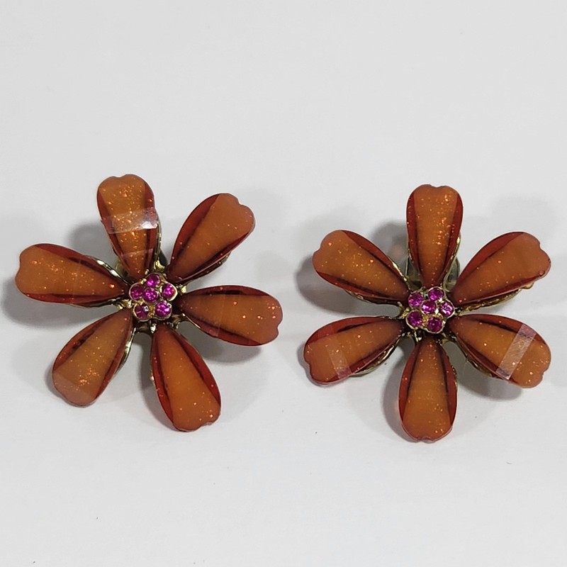HSN Antiqued goldtone Brown & Pink Crystal Flower Earrings