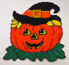 Finished Hobby Kraft Plastic Canvas JackOLantern Halloween Wall Hanging 13"x10"