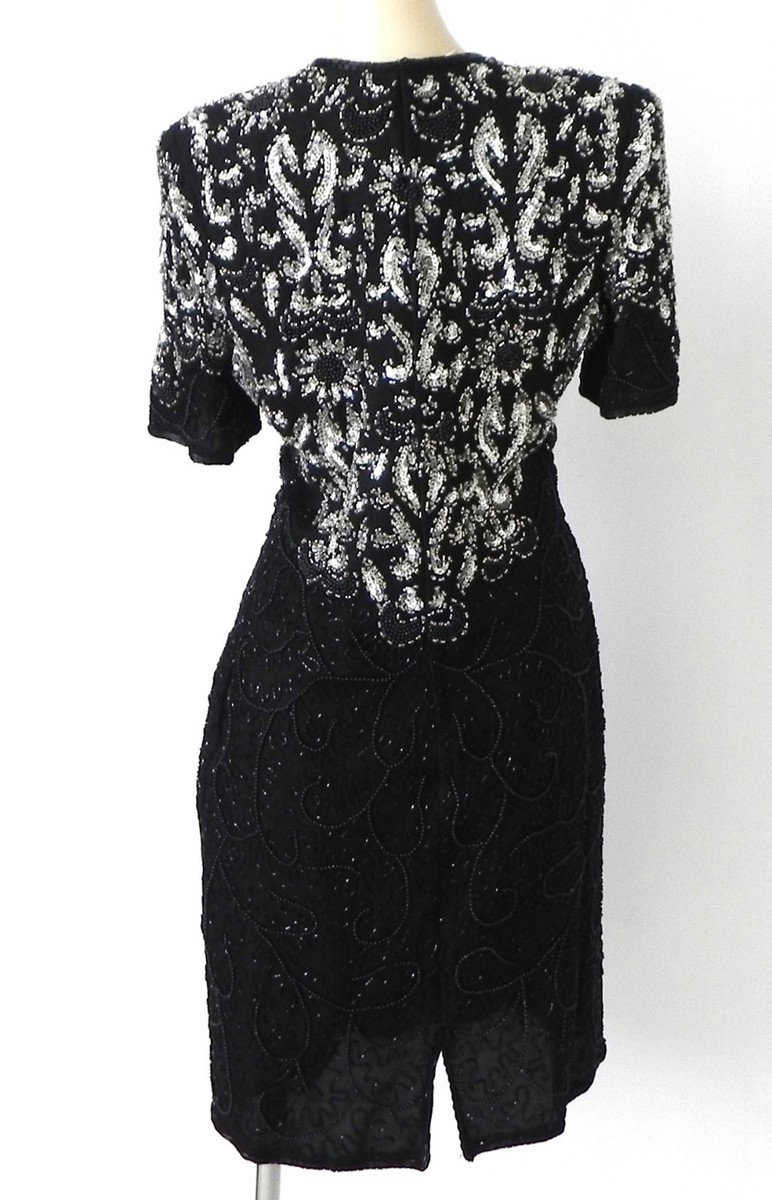 Night Vogue Evening Mini Dress Sequin/Beading Black 100% Silk Sheath Size S  | eBay