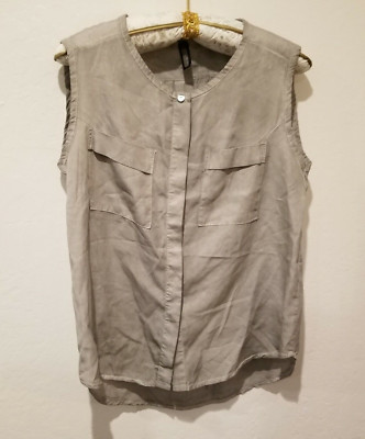ONZ Women Gray Hidden Button Down Blouse Top Large Sleeveless Lightweight Pocket