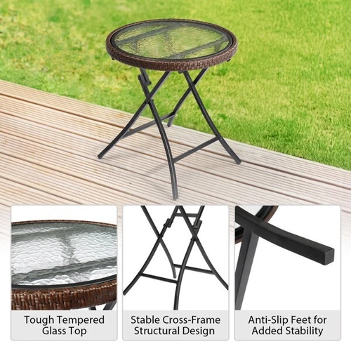Outdoor Side Table Round Rattan Patio Side Table Small Foldable Wicker Table - Picture 5 of 10