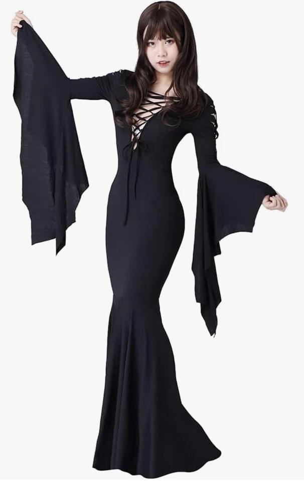 Fortunehouse Women's Morticia Addams Floor Fancy Dress Costume Size L