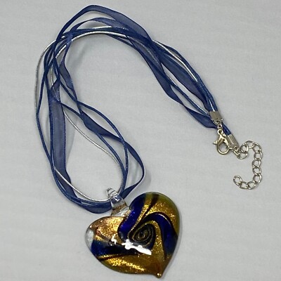 Heart Pendant Necklace Murao Glass Gold Glitter Blue Swirl Puffy Cord Chain 18''