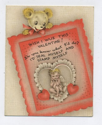 ''Wish I Wuz This Valentine'' süße unbenutzte 1930er Teddybär Valentinskarte C27