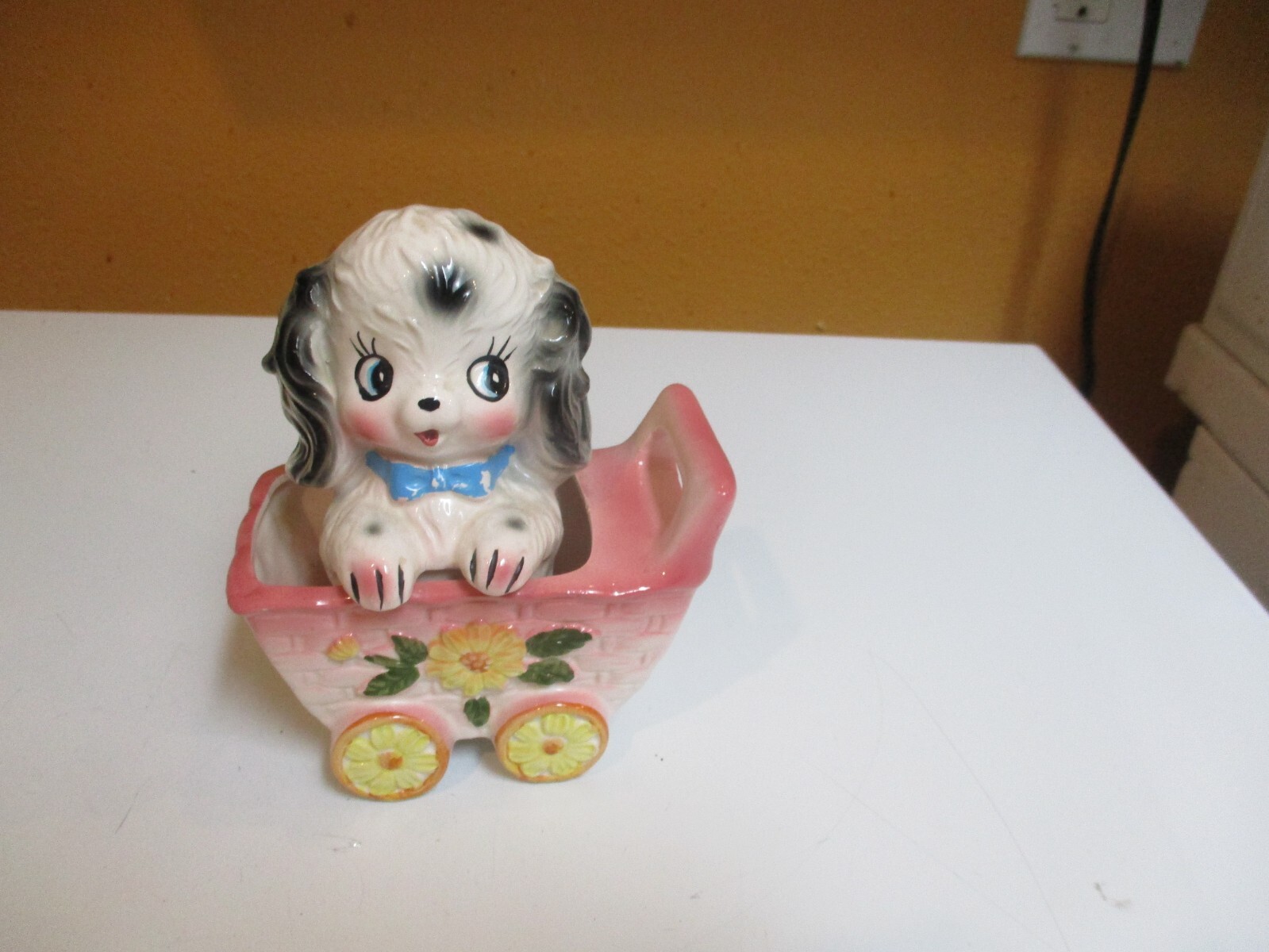 Vintage Puppy in Baby Carriage Nursery Knick Knack Ceramic Pinks - Japan Kawaii