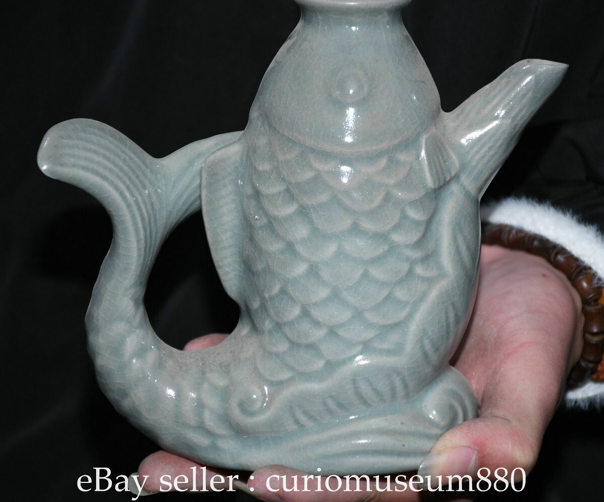 7.2" Old Chinese Ru Kiln Blue Glaze Porcelain Fish Lid Wine Tea Pot Flagon
