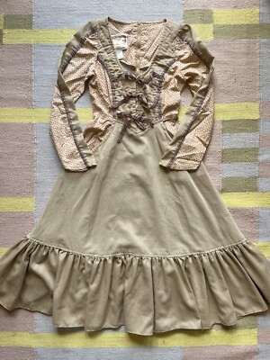 Gunne Sax Vintage 70s Cord Floral Ribbon Plaid Midi Dress Tie Front