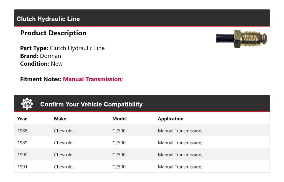 Para Chevrolet C2500 Dorman 1988-1991 embrague línea hidráulica 1989 1990 Foto 2 de 4