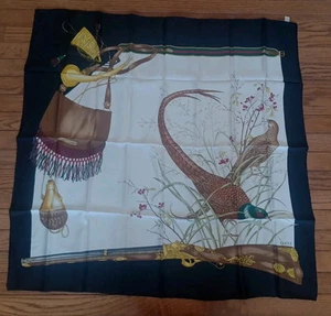 Sac fusil de chasse vintage Gucci FAISAN foulard soie noir 33"x33" jamais utilisé réf2090