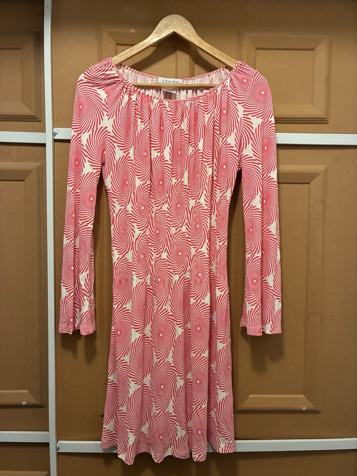 CELINE size 34 XS Pink White Graphic Crepe Viscose Mini Dress Made in France