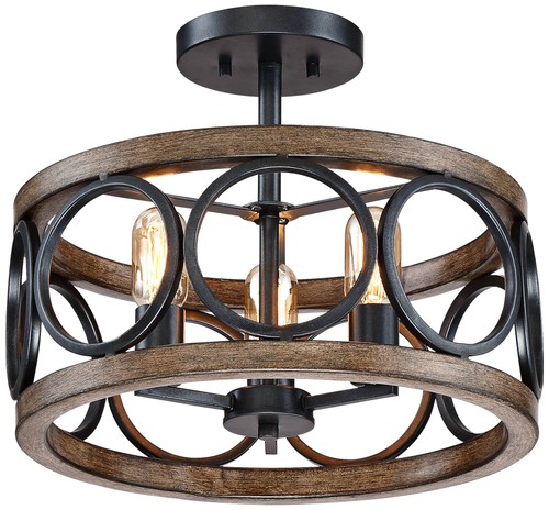 Salima Rustic Ceiling Light Semi Flush Mount Fixture 16" Black Wood 3-Light LED - Picture 2 of 8