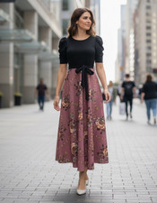 Women s M Black/Purple Floral Midi A-Line Dre...