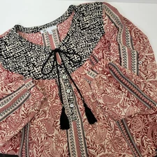 DR2 Womens Red/Black/Cream Sheer Paisley Floral Geometric Long Sleeve Blouse L