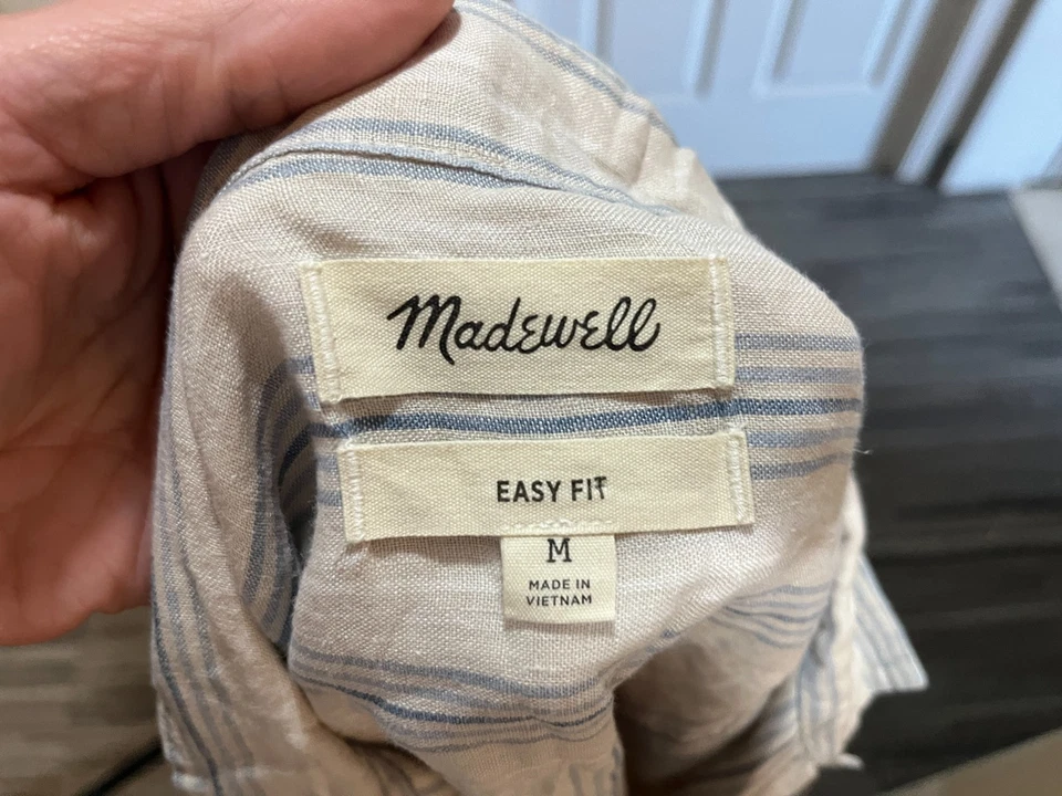 Madewell Men's cream and blue Easy Fit loop collar 100% Linen s/s shirt Medium M - Image 4 of 4