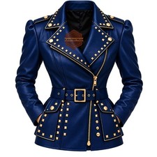 women's Blue Leather Jacket Gold Studded Biker Coat with Asymmetric Zipper Belt
