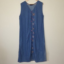 Vtg 90s Y2K Denim Dragonfly Embroidered Button Up Dress Side Slits 1X Teacher