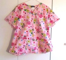 Cherokee XL Pink Breast Cancer Awareness Hearts Valentines Scrub Top Pockets