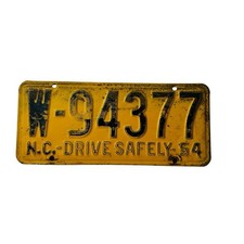 Vintage North Carolina 1954 License Plate W-94377 Drive Safely Yellow Black