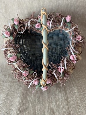 Flower Girl Basket Pink Blue Rose Buds Natural Wicker Rustic Wedding 80 s BOHO 
