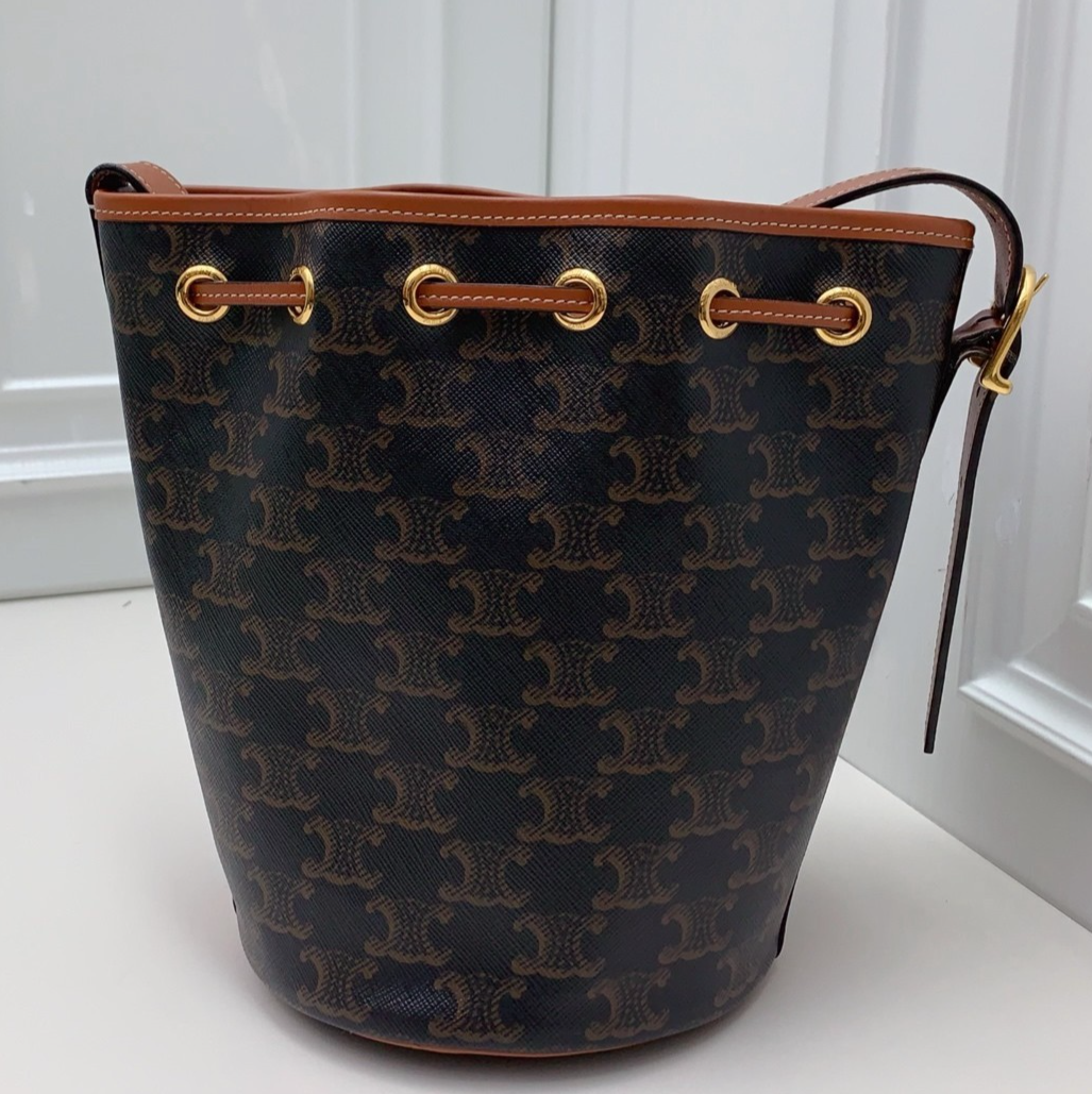 Celine Triomphe Bucket Shoulder Bag Brown Gold Used Women Classic