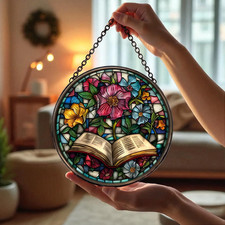 Book And Flower Suncatcher, Stained Glass Reading Window Hanging
