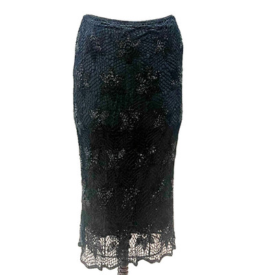 Vintage Alberta Ferretti Beaded Crochet Low Rise Bias Midi Skirt Black Sz M Y2K