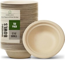 Compostable Bowls 12 OZ/350ml 150Pcs Bamboo Bagasse Disposable Bowls Hot