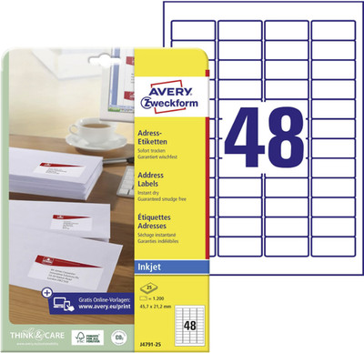 AVERY Zweckform J4791-25 Adressetiketten/Adressaufkleber (1200 Etiketten) B-Ware