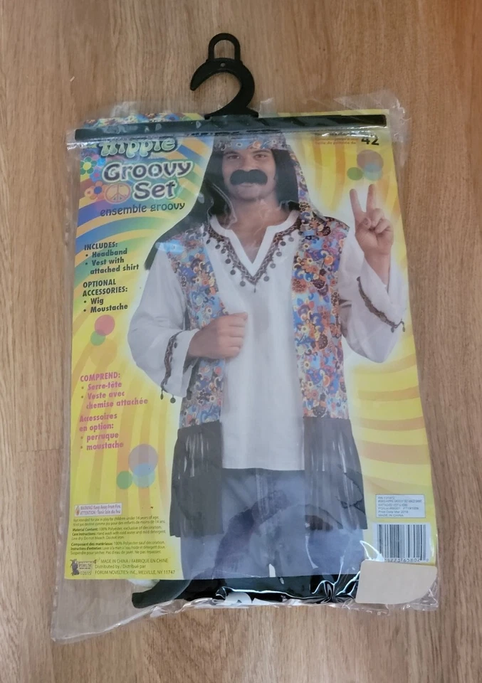 JUEGO DE DIADEMA Y CAMISA HIPPIE GROOVY PARA HOMBRES CON CHALECO ADJUNTO ACCESORIO HALLOWEEN Foto 2 de 2