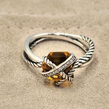 David Yurman Sterling Silver Cable Wrap Ring Champagne Citrine & Diamonds Size 8