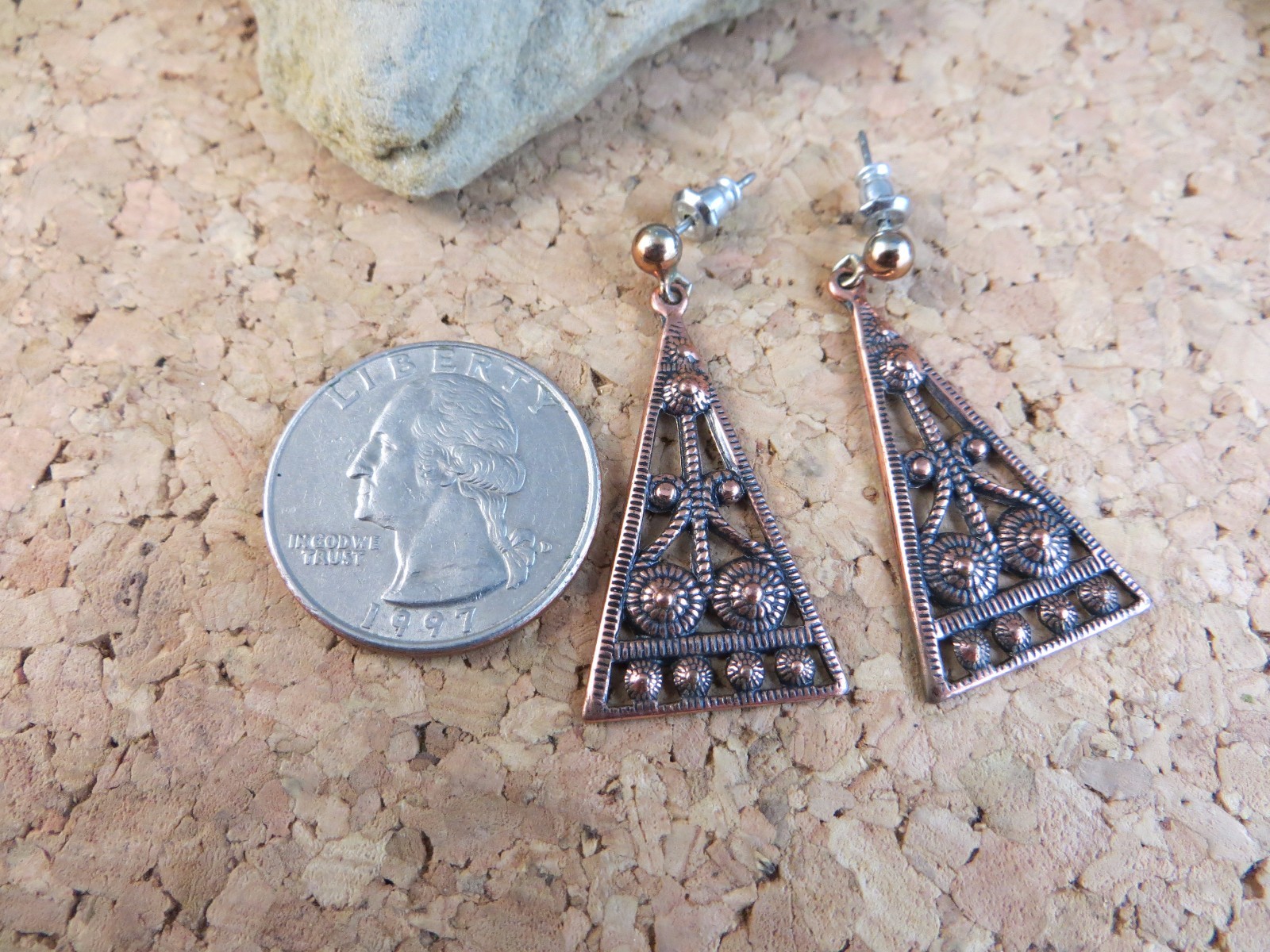 Vintage Copper Studded Triangular Dangle Post Ear… - image 3