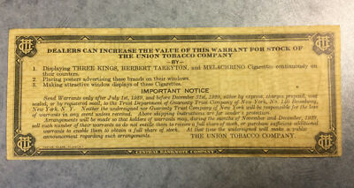 Union Tobacco Company Stock Warrant Central Bank Note Circa 1929